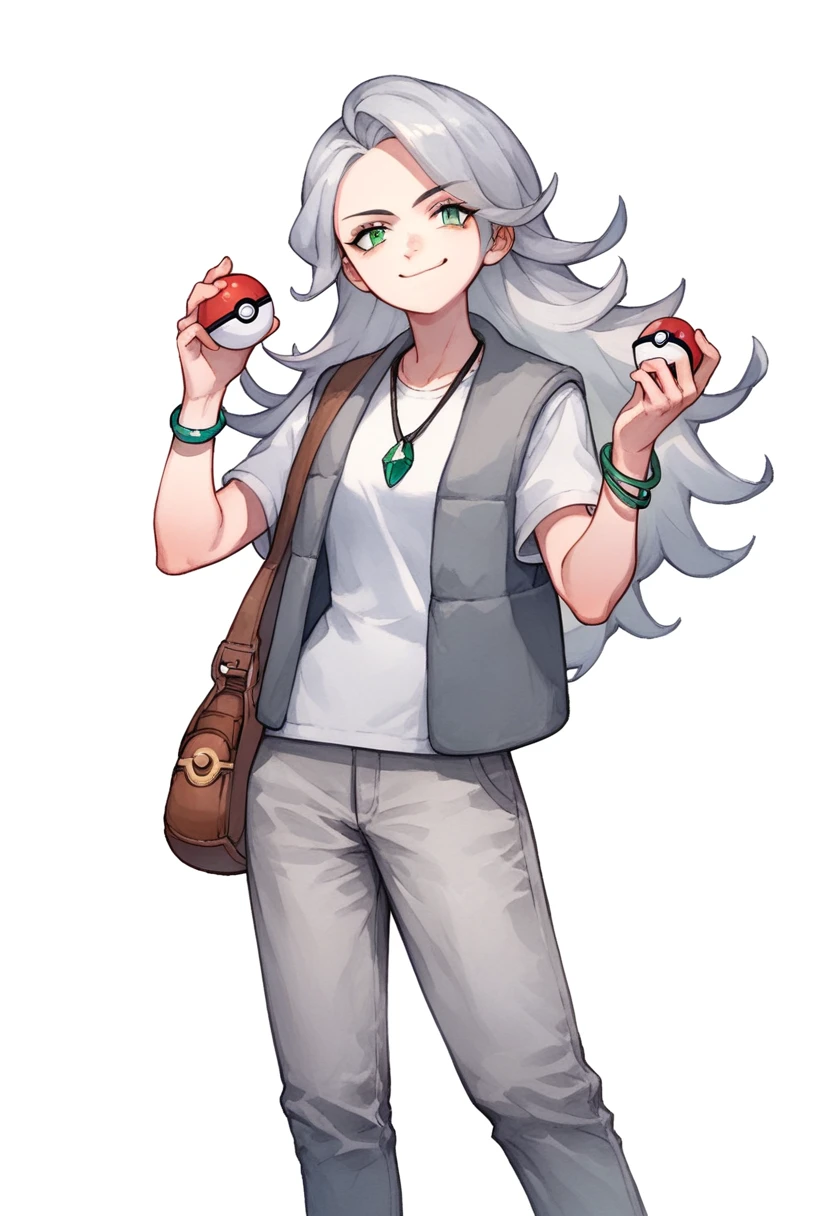 ((((white background)))), simple background, watercolor, 1 girl, standing, long hair, silver hair, light skin, smug green eyes, front view, gray pants, a gray woolen winter vest and a blue t-shirt, wide black pants, bracelets, brown shoe, holding a pokeball, score_9, score_8_up, score_7_up, pendant, score_6_up, score_5_up, score_4_up, BREAK source_anime, masterpiece