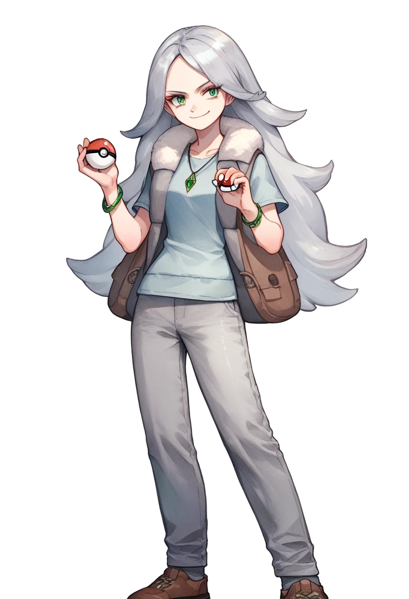 ((((white background)))), simple background, watercolor, 1 girl, standing, long hair, silver hair, light skin, smug green eyes, front view, gray pants, a gray woolen winter vest and a blue t-shirt, wide black pants, bracelets, brown shoe, holding a pokeball, score_9, score_8_up, score_7_up, pendant, score_6_up, score_5_up, score_4_up, BREAK source_anime, masterpiece