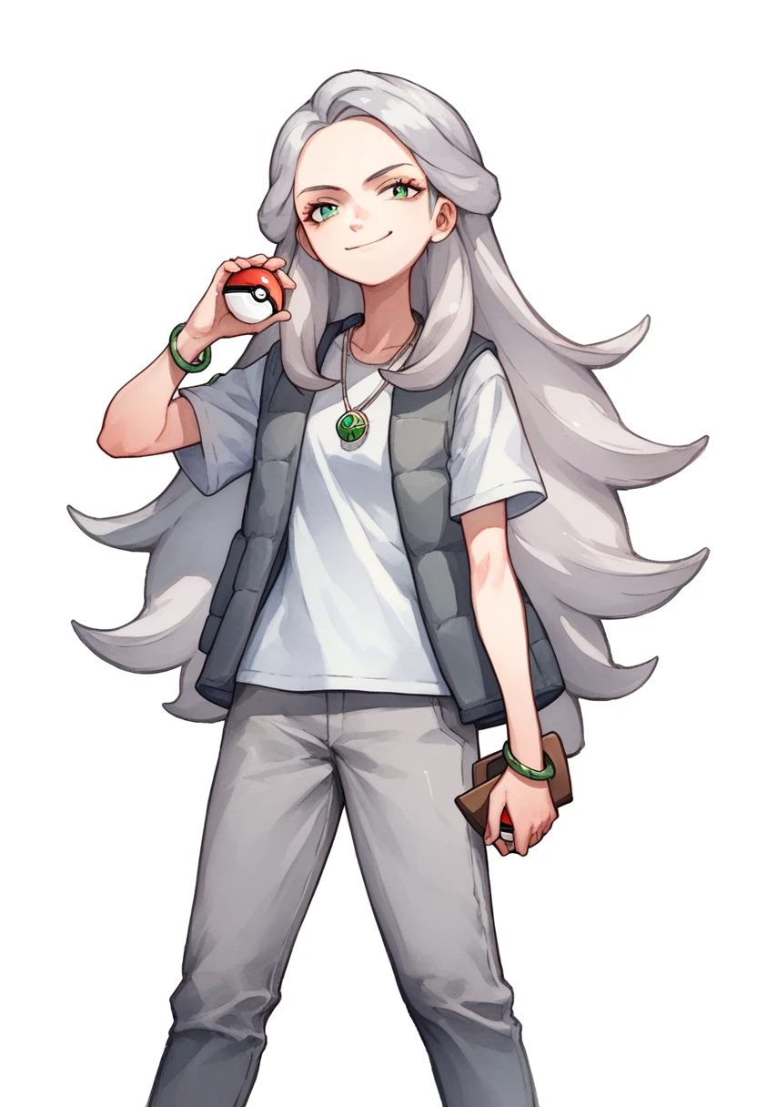 ((((white background)))), simple background, watercolor, 1 girl, standing, long hair, silver hair, light skin, smug green eyes, front view, gray pants, a gray woolen winter vest and a blue t-shirt, wide black pants, bracelets, brown shoe, holding a pokeball, score_9, score_8_up, score_7_up, pendant, score_6_up, score_5_up, score_4_up, BREAK source_anime, masterpiece