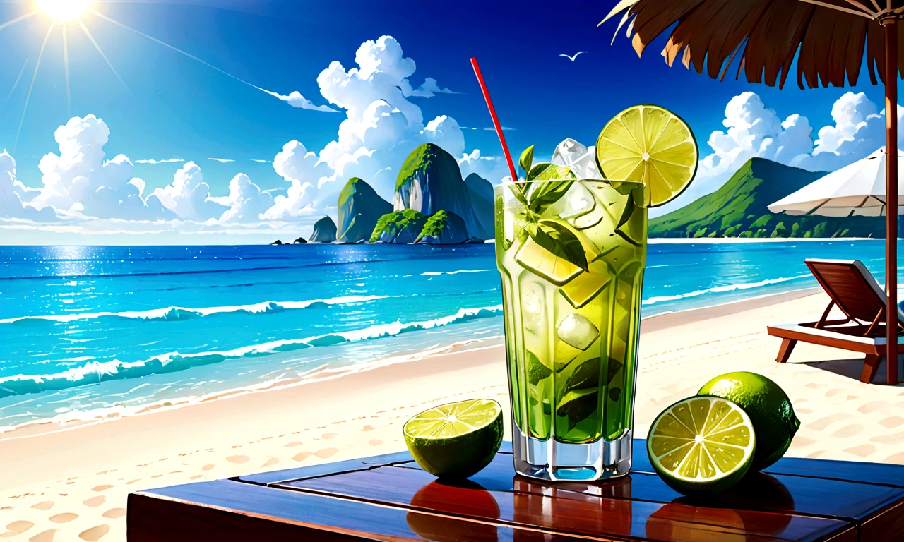 On the table is a mojita glass with lime and ice, Beach Bar, drink, cold drinks, drinking cocktail, Wallpapers – 1 0 2 4, High-resolution wallpapers, Daylight Saving Time, in a beachfront environment, mixing drinks, Great background, Perfect detail, Awesome Wallpapers, Beautiful high resolution, Summer mood, High Quality Wallpapers