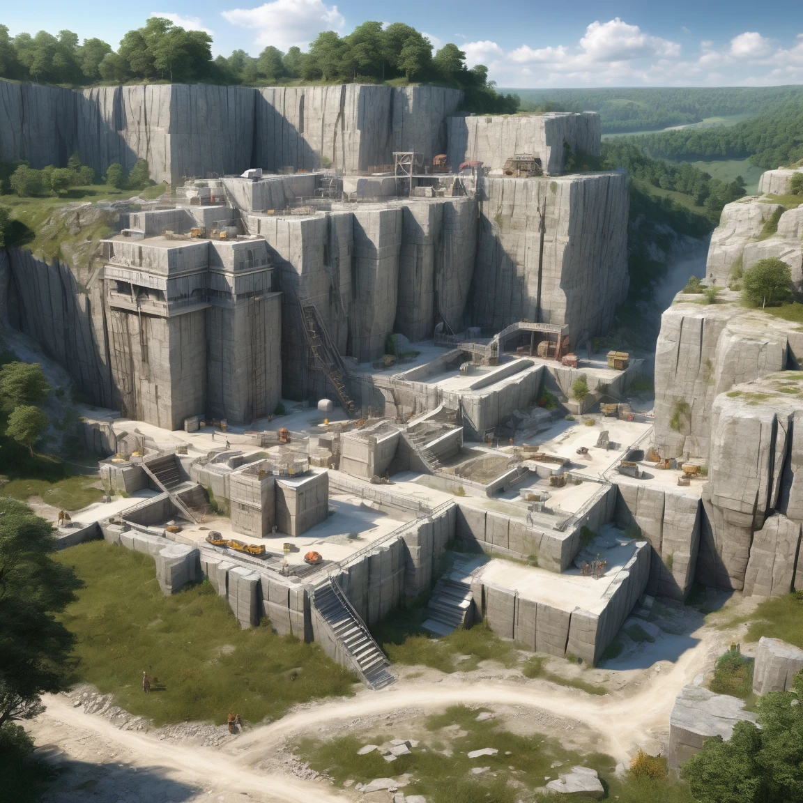(best quality)), ((masterpiece)), ((realistic,digital art)), (super detailed), (gigantic limestone quarry), (medieval fantasy style), limestone blocks