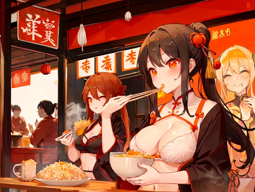 A cute student in underwear eats Chinese food with gusto、Big boobs and small boobs、Thin cute orange bra、Thin and cute orange underwear、Large serving of salt ramen, fried rice and gyoza set meal、Beer in a mug、