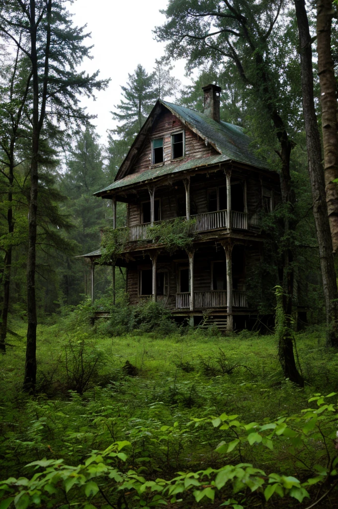 Imagine an abandoned house in the forest 