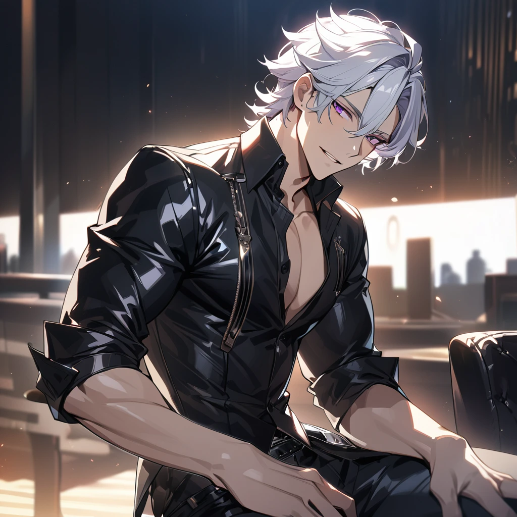 High quality, hd, 4k, Handsome male, 1male, white hair, purple eyes, black leather clothing, looking at viewer