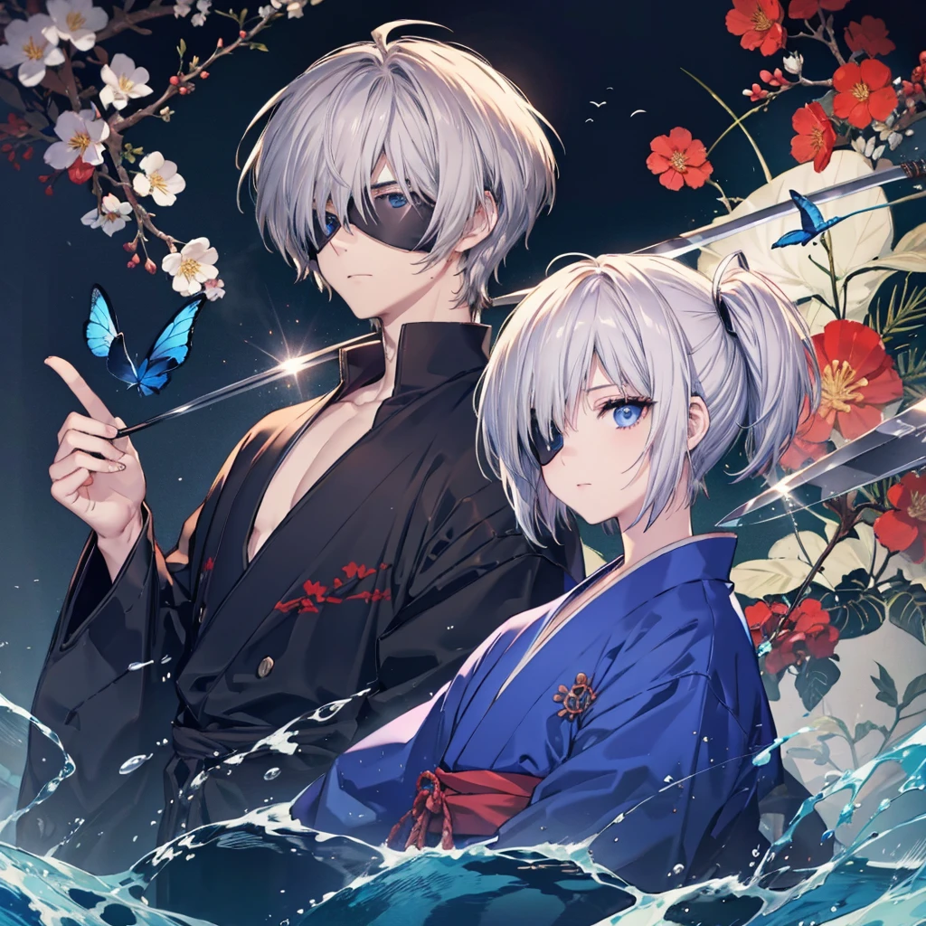 (((1 person Put on an eye patch Gray Hair))) ((High resolution short hair Black kimono Red point Shoulder Rin々Funny face knifeを構える)) ((Black Band samurai Lonely despair blue eyes Close-up)) ((Blue Butterfly night Japanese style old Shining Aura garden water surface Catch the wind)) (dance 日本knife knife Slashing) 月night moonlight star Draw your sword Shining Background Shining Edge