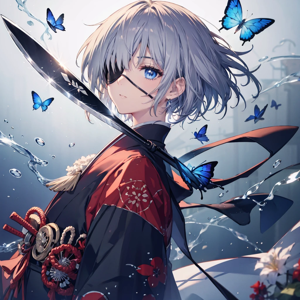 (((1 person Put on an eye patch Gray Hair))) ((High resolution short hair Black kimono Red point Shoulder Rin々Funny face knifeを構える)) ((Black Band samurai Lonely despair blue eyes Close-up)) ((Blue Butterfly night Japanese style old Shining Aura garden water surface Catch the wind)) (dance 日本knife knife Slashing) 月night moonlight star Draw your sword Shining Background Shining Edge