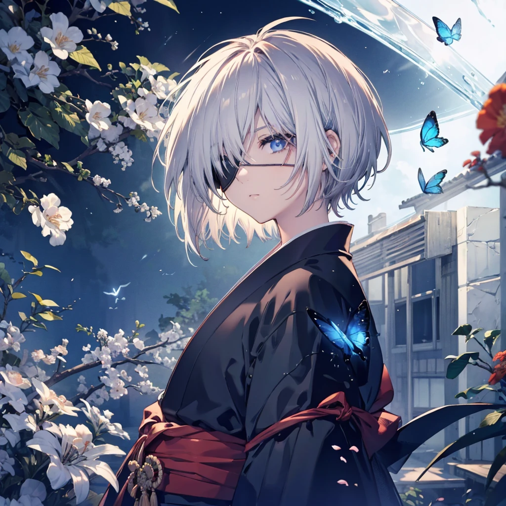 (((1 person　Put on an eye patch　Gray Hair)))　((High resolution　short hair　Black kimono　Red point　Shoulder　Rin々Funny face　knifeを構える))　((Black Band　samurai　Lonely　despair　blue eyes　Close-up))　((Blue Butterfly　night　Japanese style　old　Shining Aura　garden　water surface　Catch the wind))　(dance　日本knife　knife　Slashing)　月night　moonlight　star　Draw your sword　Shining Background　Shining Edge