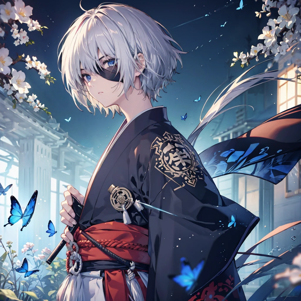 (((1 person　Put on an eye patch　Gray Hair)))　((High resolution　short hair　Black kimono　Red point　Shoulder　Rin々Funny face　knifeを構える))　((Black Band　samurai　Lonely　despair　blue eyes　Close-up))　((Blue Butterfly　night　Japanese style　old　Shining Aura　garden　water surface　Catch the wind))　(dance　日本knife　knife　Slashing)　月night　moonlight　star　Draw your sword　Shining Background　Shining Edge