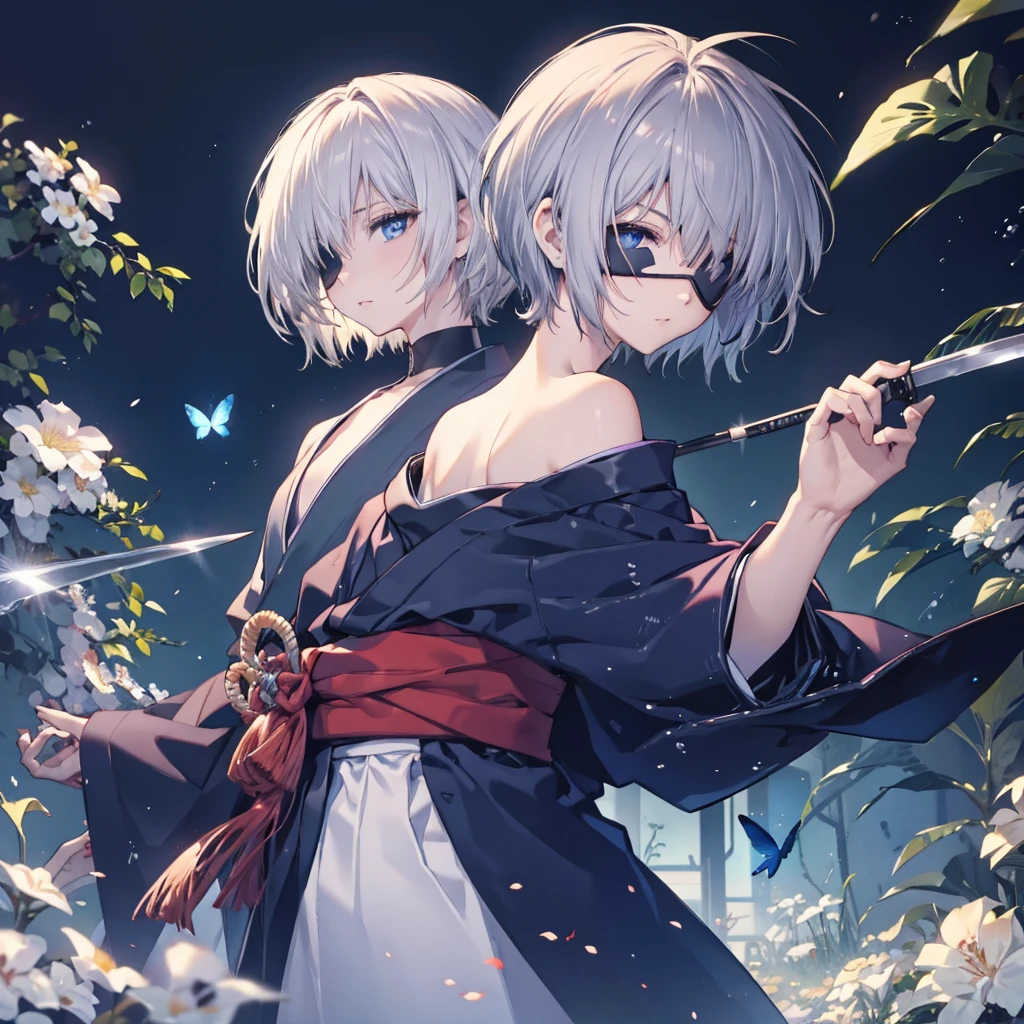 (((1 person　Put on an eye patch　Gray Hair)))　((High resolution　short hair　Black kimono　Red point　Shoulder　Rin々Funny face　knifeを構える))　((Black Band　samurai　Lonely　despair　blue eyes　Close-up))　((Blue Butterfly　night　Japanese style　old　Shining Aura　garden　water surface　Catch the wind))　(dance　日本knife　knife　Slashing)　月night　moonlight　star　Draw your sword　Shining Background　Shining Edge