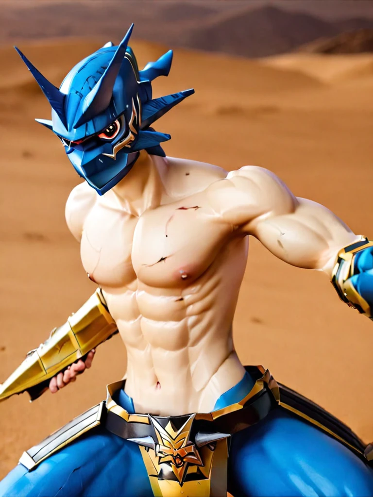 solo,angry Magnamon,tall, blue and white skin,(battle damaged:1.5),(topless Magnamon:2),(armor fragments:1.5),(shirtless:1.5), fighting_stance, in desert ,full_shot
