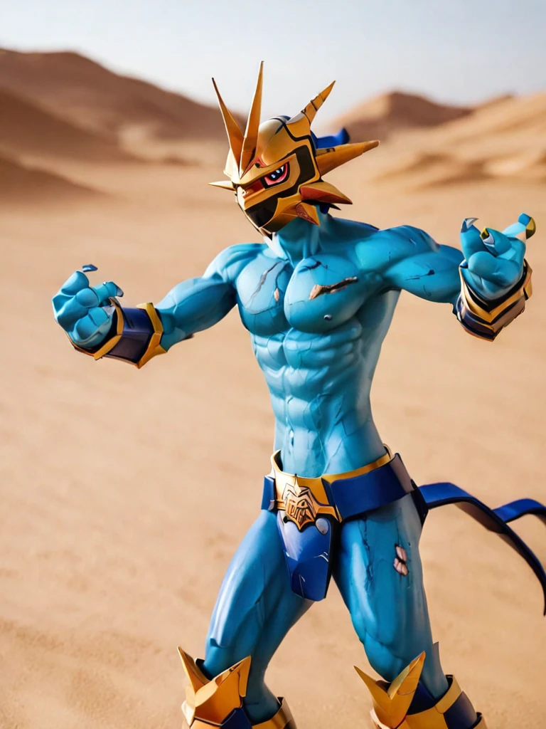 solo,angry Magnamon,tall, blue and white skin,(battle damaged:1.5),(topless Magnamon:2),(armor fragments:1.5),(shirtless:1.5), fighting_stance, in desert ,full_shot
