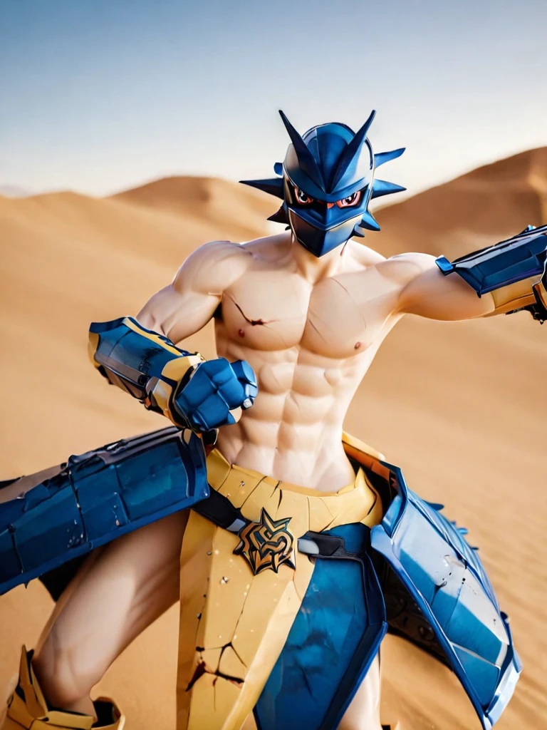 solo,angry Magnamon,tall, blue and white skin,(battle damaged:1.5),(topless Magnamon:2),(armor fragments:1.5),(shirtless:1.5), fighting_stance, in desert ,full_shot
