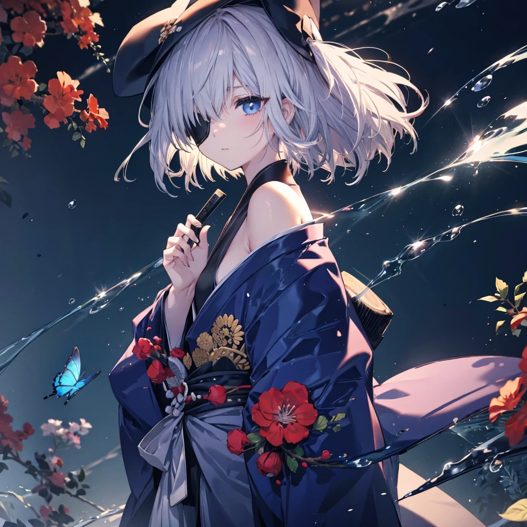 (((1 person Put on an eye patch Gray Hair))) ((High resolution short hair Black kimono Red point Shoulder Rin々Funny face knifeを構える)) ((Black Band samurai Lonely despair blue eyes Close-up)) ((Blue Butterfly night Japanese style old Shining Aura garden water surface Catch the wind)) (dance 日本knife knife Slashing) 月night moonlight star Draw your sword Shining Background Shining Edge