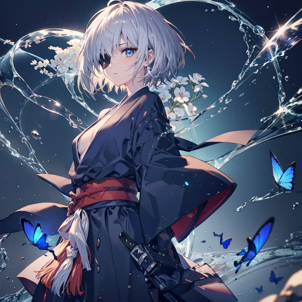 (((1 person　Put on an eye patch　Gray Hair)))　((High resolution　short hair　Black kimono　Red point　Shoulder　Rin々Funny face　knifeを構える))　((Black Band　samurai　Lonely　despair　blue eyes　Close-up))　((Blue Butterfly　night　Japanese style　old　Shining Aura　garden　water surface　Catch the wind))　(dance　日本knife　knife　Slashing)　月night　moonlight　star　Draw your sword　Shining Background　Shining Edge