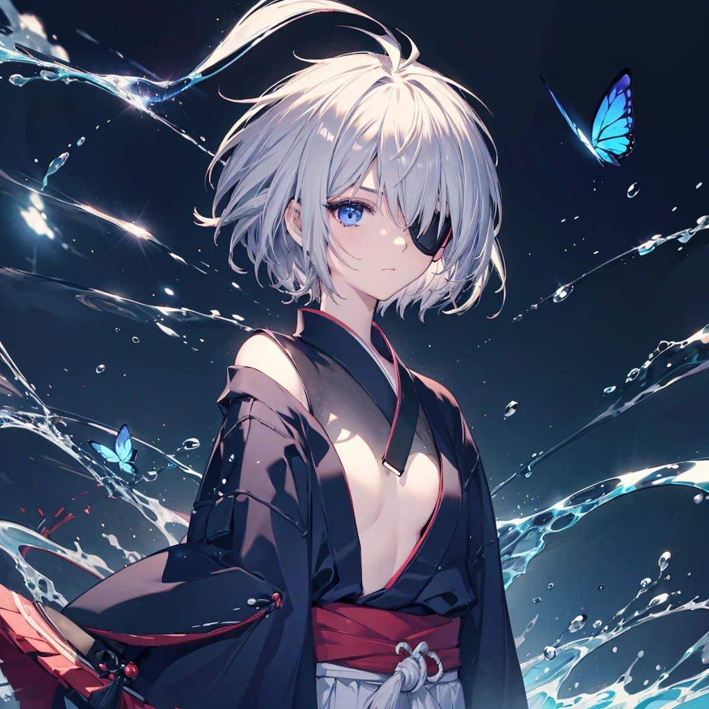 (((1 person Put on an eye patch Gray Hair))) ((High resolution short hair Black kimono Red point Shoulder Rin々Funny face knifeを構える)) ((Black Band samurai Lonely despair blue eyes Close-up)) ((Blue Butterfly night Japanese style old Shining Aura garden water surface Catch the wind)) (dance 日本knife knife Slashing) 月night moonlight star Draw your sword Shining Background Shining Edge