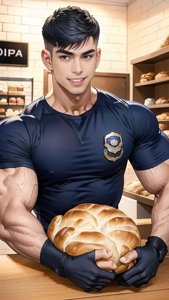 (handsome Man sitting on table eating bread ),(crew cut short hair:1.8),black eye,(Wear a fitted round neck t-shirt in navy with a police badge.:1.5),(fit neck),Navy blue jeans,(black_gloves:1.2), Korean guy,chest muscles,large arm muscles,blood vessel,Big muscles,Broad shoulders, (open mouth:1.2),(face up:1.2),(open eyes:1.5), middle of the road,smile, In the bread shop,