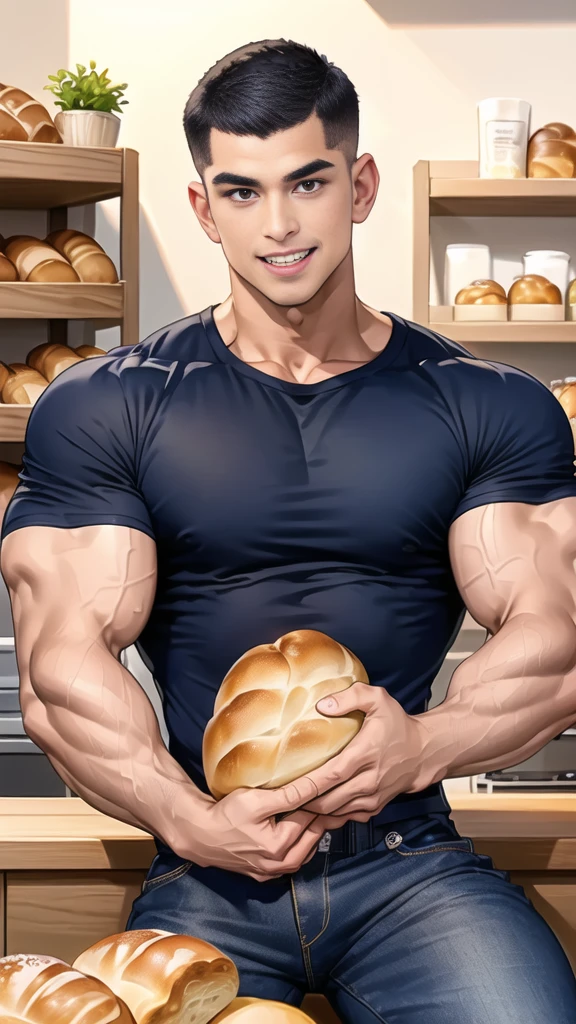 (handsome Man sitting on table eating bread ),(crew cut short hair:1.8),black eye,(Wear a fitted round neck t-shirt in navy with a police badge.:1.5),(fit neck),Navy blue jeans,(black_gloves:1.2), Korean guy,chest muscles,large arm muscles,blood vessel,Big muscles,Broad shoulders, (open mouth:1.2),(face up:1.2),(open eyes:1.5), middle of the road,smile, In the bread shop, 