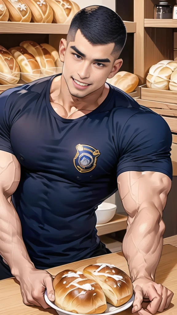 (handsome Man sitting on table eating bread ),(crew cut short hair:1.8),black eye,(Wear a fitted round neck t-shirt in navy with a police badge.:1.5),(fit neck),Navy blue jeans,(black_gloves:1.2), Korean guy,chest muscles,large arm muscles,blood vessel,Big muscles,Broad shoulders, (open mouth:1.2),(face up:1.2),(open eyes:1.5), middle of the road,smile, In the bread shop,