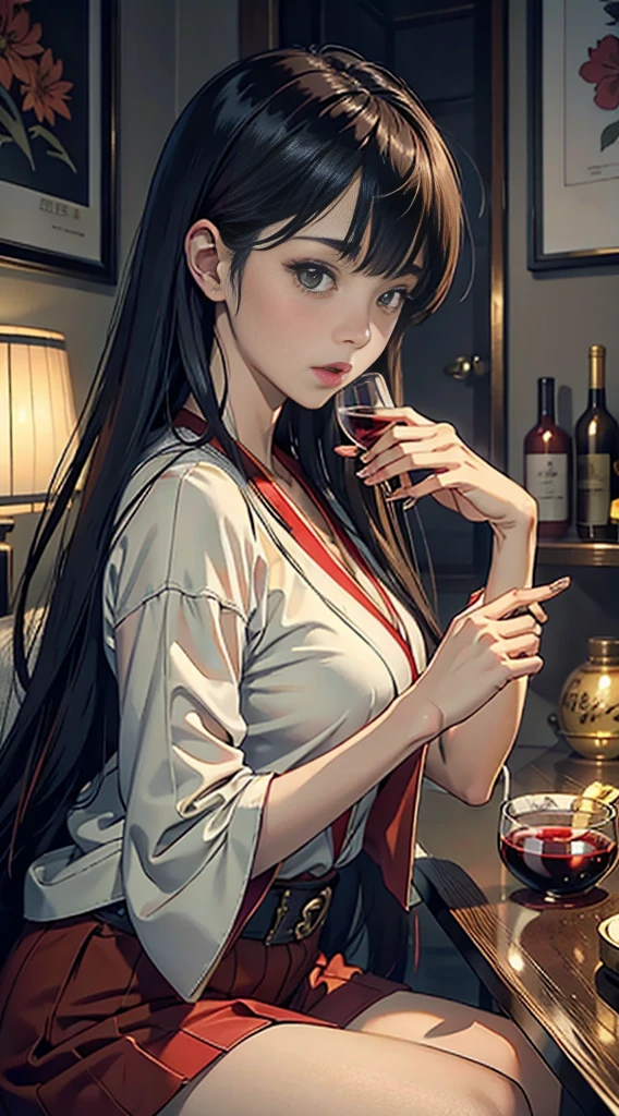 cool beauty japanese girl, luxurious and realistic aesthetic. Emphasize a color palette of red & white, and gold. Incorporate lifelike illustrations of the major fragrance notes: red wine, lily of the valley, and amber, with a touch of smoky accents to evoke the fragrance's essence. Use soft, warm lighting to bring out the richness and professional quality of the design.