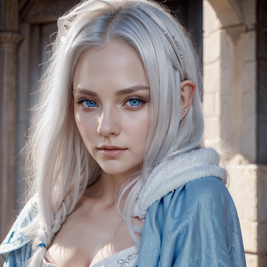 A female elf with white hair, blue eyes, beauty face, white skin. Wearing expensive cloak and ancient wand. Her hair cover one of her eyes and sleepy eyes.