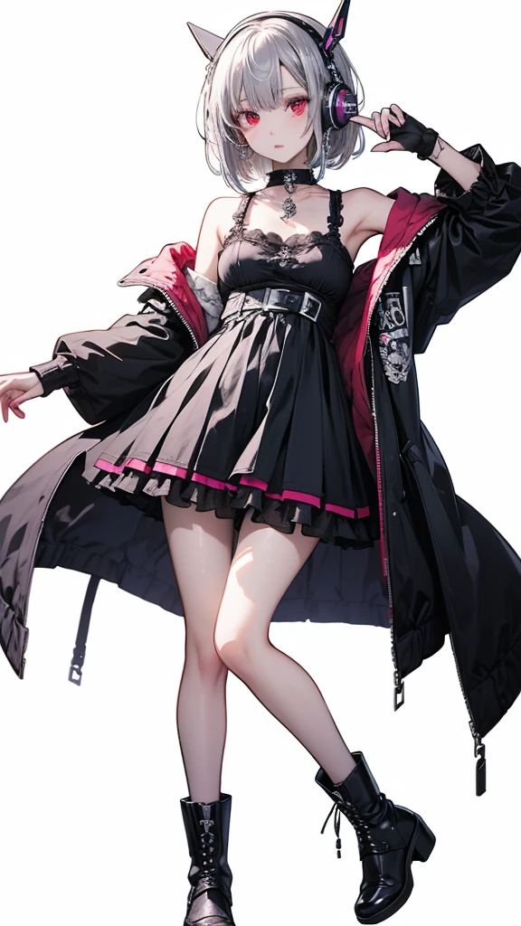 4k anime wallpaper, 4k anime wallpaper, Anime Art Wallpapers 8K, 4K Anime Style, anime art wallpaper 4k, anime art wallpaper 4k, 4k anime wallpaper, Eugeo Art, Detailed digital anime art, ((masterpiece, Highest quality)), (Complex Light), Perfect hands, Perfect Eyes、Perfect legs、Hyper Detail, Bright colors, beautiful girl、cyber punk、Silver short hair, Pause, headphone, Red eyes, Tempting, Half coat on, Off the shoulder、Knee-high、boots, colorful, neon、See-through、My clothes are wet、Japanese anime style.