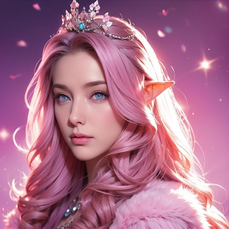 Woman, long curly hair, pink hair, blue eyes, elf, crown, empress, furry coat, magic background, pink background,Provocative, sexy,Elf, magic background, scenery, star, furry coat