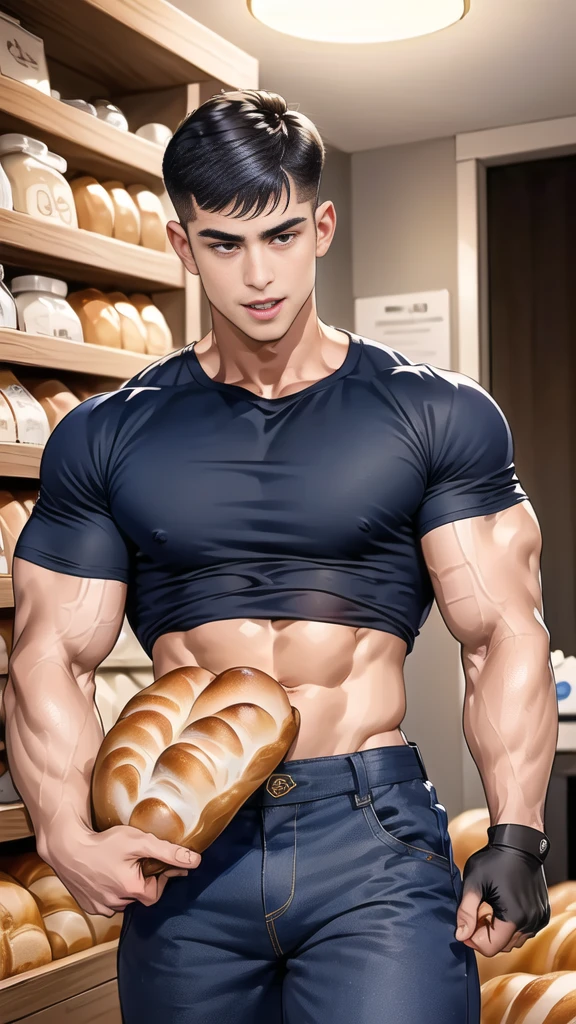 (handsome Man),(crew cut short hair:1.8),black eye,(Wear a fitted round neck t-shirt in navy with a police badge.:1.5),(fit neck),Navy blue jeans,(black_gloves:1.2), Korean guy,chest muscles,large arm muscles,blood vessel,Big muscles,Broad shoulders, (open mouth:1.2),(face up:1.2),(open eyes:1.5), middle of the road,smile, In the bread shop, (bread in hand)
