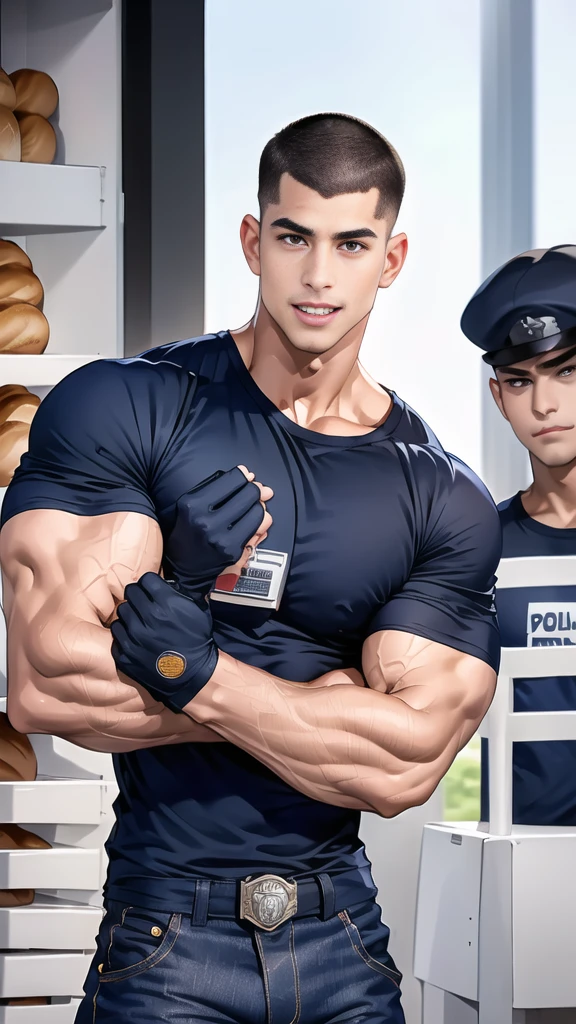 (NSFW: 1.5), (handsome Man sleep on table eating bread ),(crew cut short hair:1.8),black eye,(Wear a fitted round neck t-shirt in navy with a police badge.:1.5),(fit neck),Navy blue jeans,(black_gloves:1.2), Korean guy,chest muscles,large arm muscles,blood vessel,Big muscles,Broad shoulders, (open mouth:1.2),(face up:1.2),(close eyes:1.5), middle of the road,smile, In the bread shop, ( Cum:1.8), (genital very long: 1.6), genital very Big, (Big testicles), (Erection of the penis: 1.6), ((very big, very long penis)), masturbate, hold your hand on your penis, (semen) , (Cum in bread:1.3)