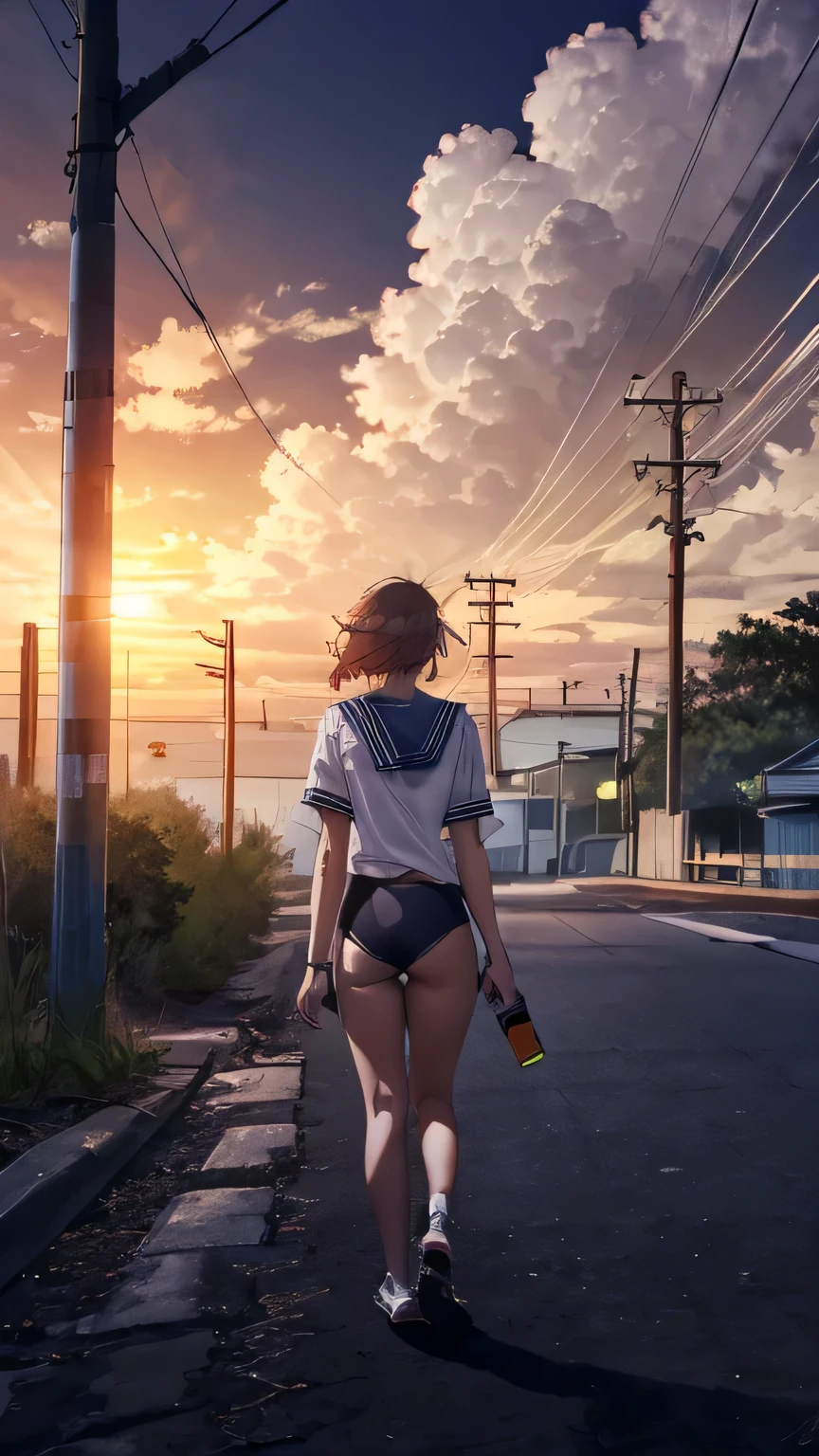 -Blues, One Girl, alone, Outdoor, cloud, null, Long legs, scenery, Back view, Butt, White underwear, After school, Are standing, Seraph, Knee-length, From behind, shirt, cloudy null, Road sign, Sign, Sailor collar, Wide Shot, sunset, white shirt, Electric pole, Brown Hair, Turn your back, Short sleeve, Power lines