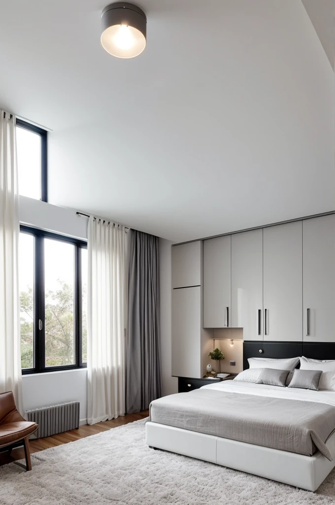 Modern minimalist master bedroom, white and gray, large bed with leather headboard, built-in wardrobes, elegant bedside lamps, natural light, large windows, metal decor accents