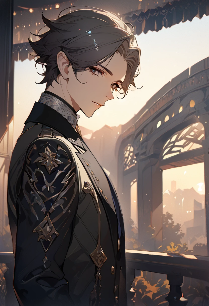 masterpiece, best quality, 8k ,4k , 1 male, elf, long ears elf, dark grayish hair, dark greenish eyes, hair ornament, finely detailed eyes and detailed face, looking at viewer, from side, meticulous clothes, formal clothes, combination of white and black coat, half cape by the shoulders, patterned clothes, majestic looks, sharp looks, shadows, inspired by Asukaziye artist : ask, art style : ask