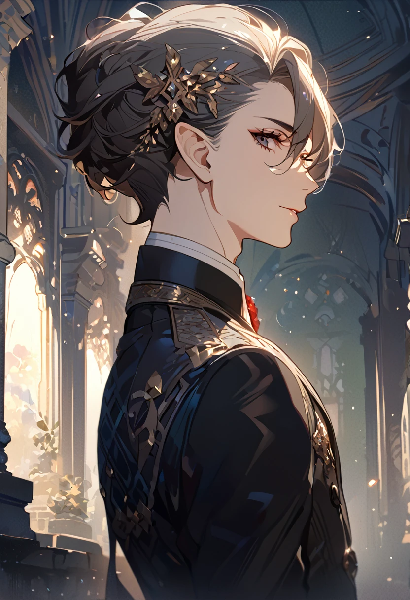 masterpiece, best quality, 8k ,4k , 1 male, elf, long ears elf, dark grayish hair, dark greenish eyes, hair ornament, finely detailed eyes and detailed face, looking at viewer, from side, meticulous clothes, formal clothes, combination of white and black coat, half cape by the shoulders, patterned clothes, majestic looks, sharp looks, shadows, inspired by Asukaziye artist : ask, art style : ask