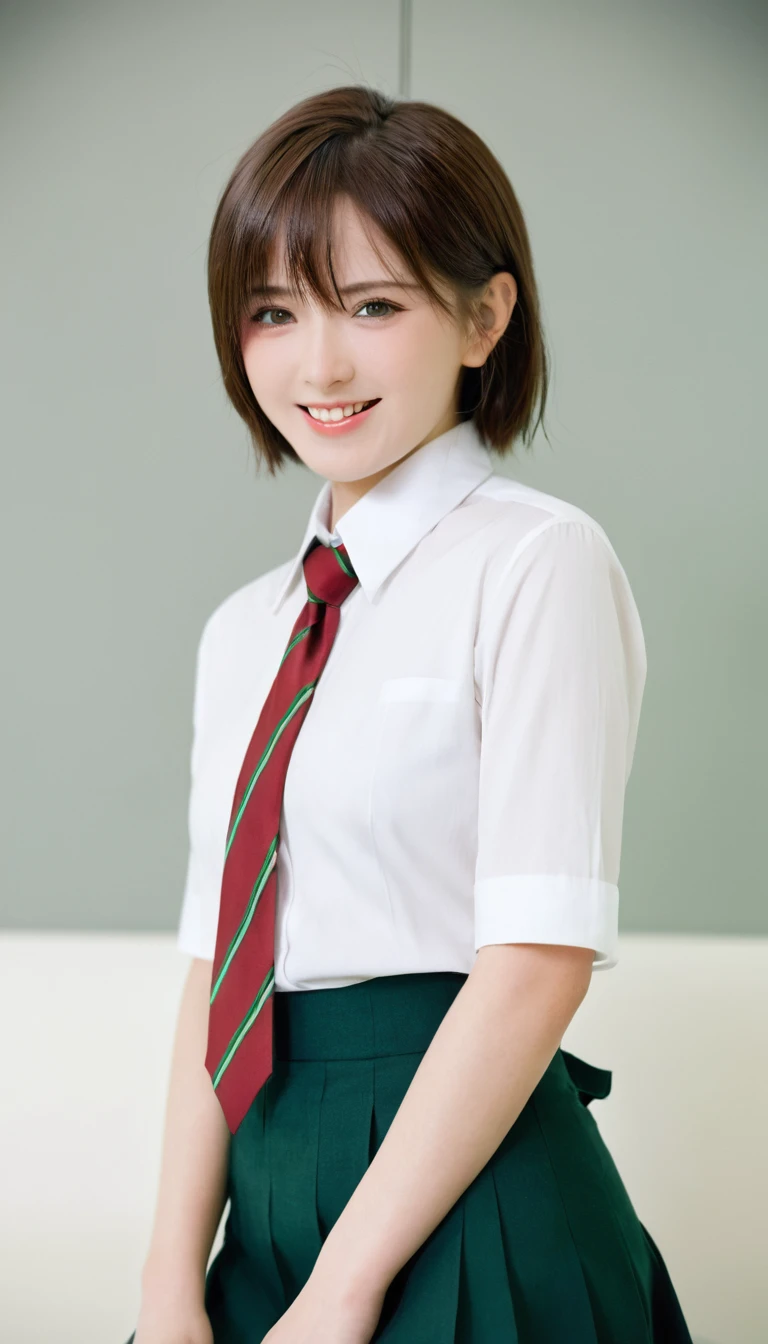 masterpiece, best quality, best quality, 1 Girl, Solitary, Looking at the audience, , Tezuka Rin, (Armless amputee:1.2), Brown hair, collar, collared shirt, (Amputees of both legs:1.2), Green Eyes, Katawa Shoujo, Red tie, shirt, short hair, Solitary, white shirt,  Lozhkin, Grin, Precise teeth，There is a gap 