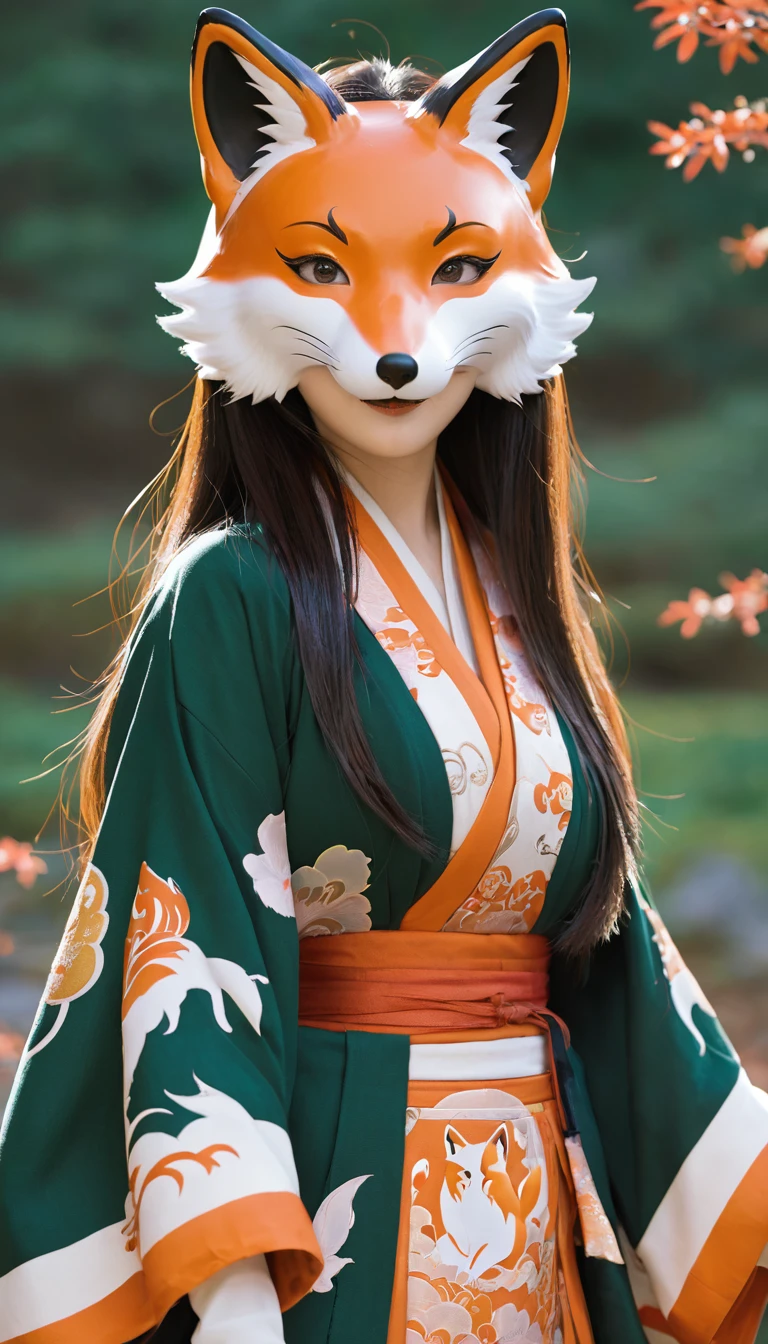 1girl,solo,, official art, unity 8k wallpaper, ultra detailed, beautiful and aesthetic, beautiful, masterpiece, best quality,, Kitsune witch, fox mask, haori jacket, foxfire spell, fox familiar, transformation,