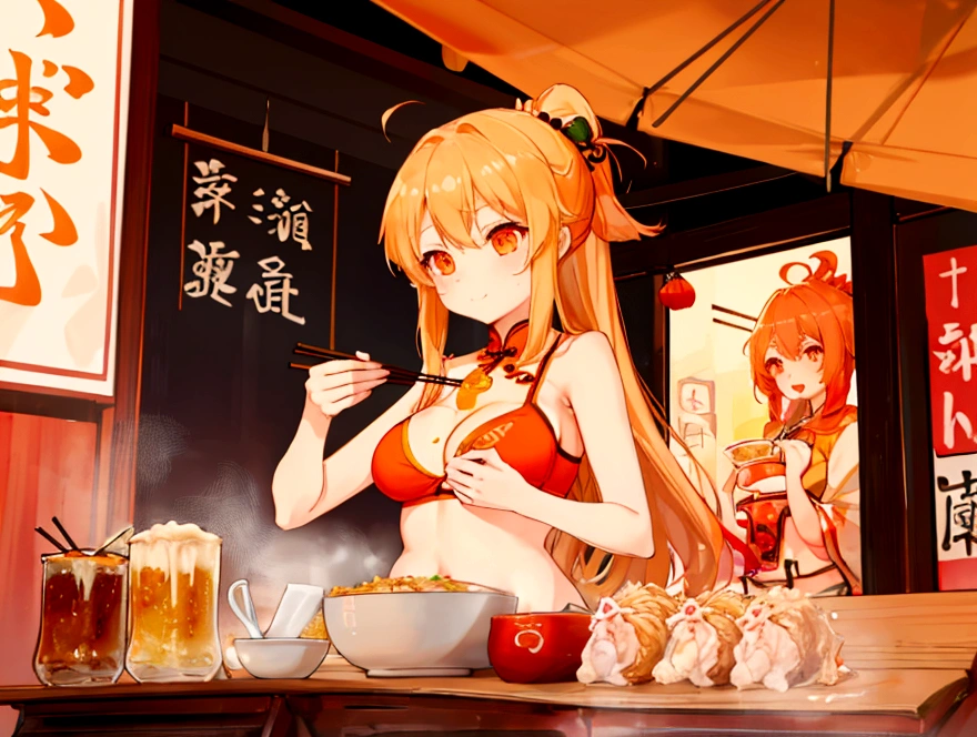A cute student in underwear eats Chinese food with gusto、Big boobs and small 、Thin cute orange bra、Thin and cute orange underwear、Large serving of salt ramen, fried rice and gyoza set meal、Beer in a mug、