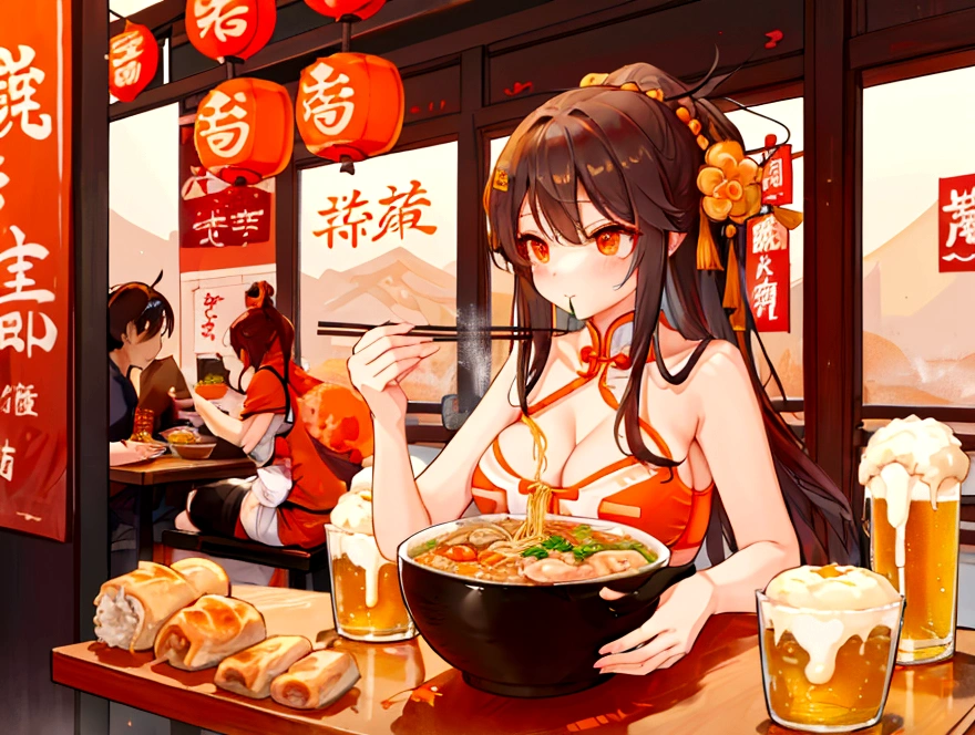 A cute student in underwear eats Chinese food with gusto、Big boobs and small boobs、Thin cute orange bra、Thin and cute orange underwear、Large serving of salt ramen, fried rice and gyoza set meal、Beer in a mug、