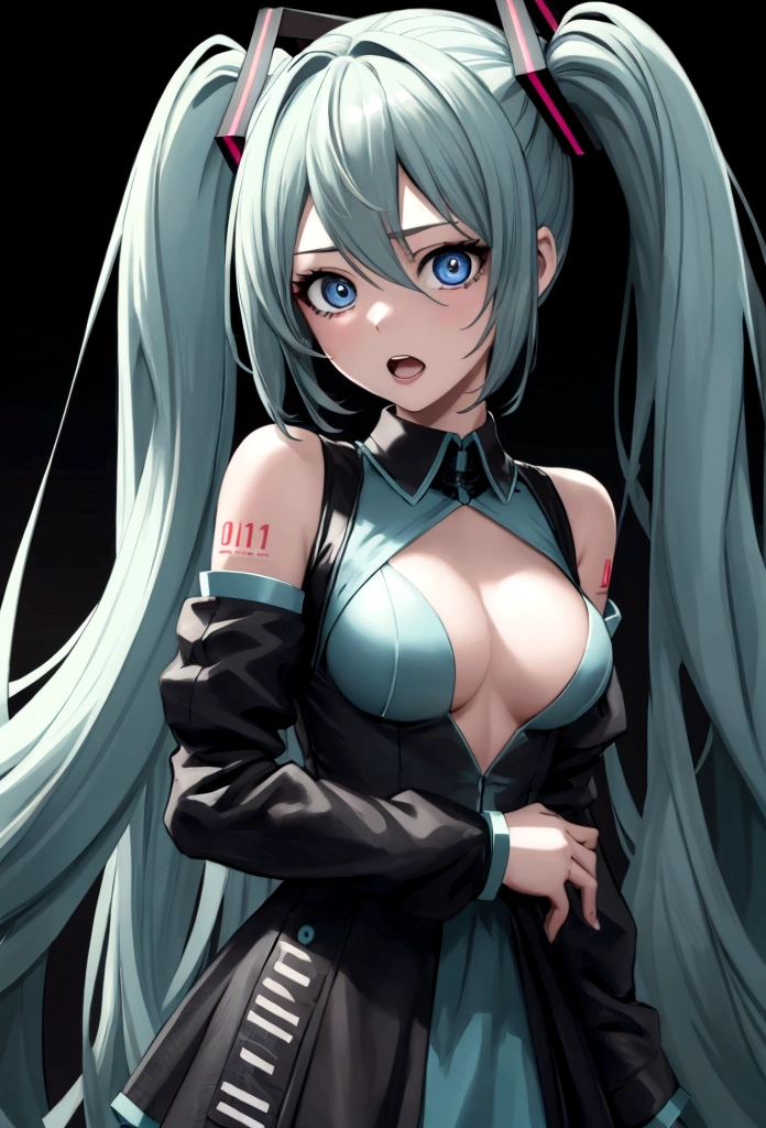 Hatsune Miku, 1girl, waist up, crazy intense gaze, gray background, no background, blue anime girl, detailed face, detailed eyes, detailed lips, long beautiful hair, intricate hairstyle, flowing hair, highly detailed, digital art, concept art, cinematic lighting, dramatic lighting, vibrant colors, neon colors, glowing, hyper realistic, photorealistic, 8k, best quality, masterpiece, crazy girl, crazy eyes, open mouth