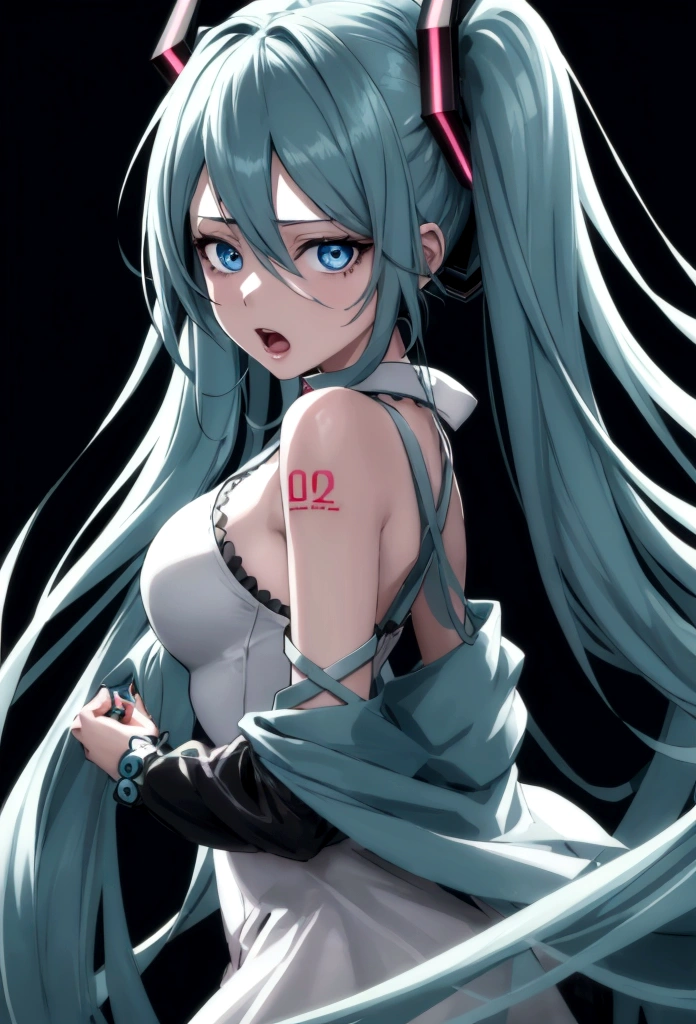 Hatsune Miku, 1girl, waist up, crazy intense gaze, gray background, no background, blue anime girl, detailed face, detailed eyes, detailed lips, long beautiful hair, intricate hairstyle, flowing hair, highly detailed, digital art, concept art, cinematic lighting, dramatic lighting, vibrant colors, neon colors, glowing, hyper realistic, photorealistic, 8k, best quality, masterpiece, crazy girl, crazy eyes, open mouth