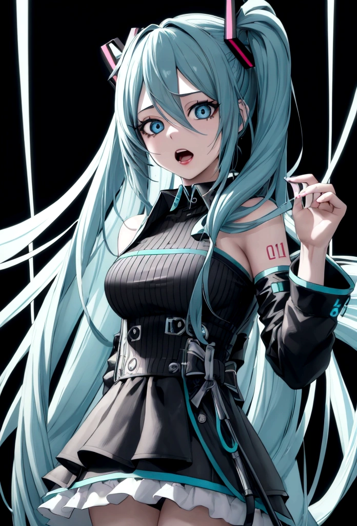 Hatsune Miku, 1girl, waist up, crazy intense gaze, gray background, no background, blue anime girl, detailed face, detailed eyes, detailed lips, long beautiful hair, intricate hairstyle, flowing hair, highly detailed, digital art, concept art, cinematic lighting, dramatic lighting, vibrant colors, neon colors, glowing, hyper realistic, photorealistic, 8k, best quality, masterpiece, crazy girl, crazy eyes, open mouth