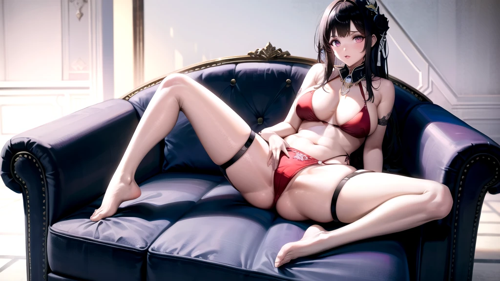 (A superb exquisite Chitanda Eru), Intricate details, Purple eyes, Long black hair, Natural Straight Hair, Straight bangs, One person, Large Breasts, Very delicate, A uniquely beautiful girl, Delicate face, Bright lips, Narrow waist, Super quality, Highest quality, (masterpiece:1.4), (((Red Bikini, garter belt, Spread your legs,M-shaped legs,Luxurious sofa)))