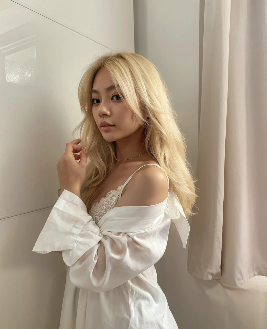 Asian model girl with blonde hair, fair skin and large black expressive and engaging eyes. Her features are delicate, with subtle cheekbones, a small nose and full, rosy lips. Her expression combines sweetness and seduction, resulting in a cute, sexy and beautiful appearance.