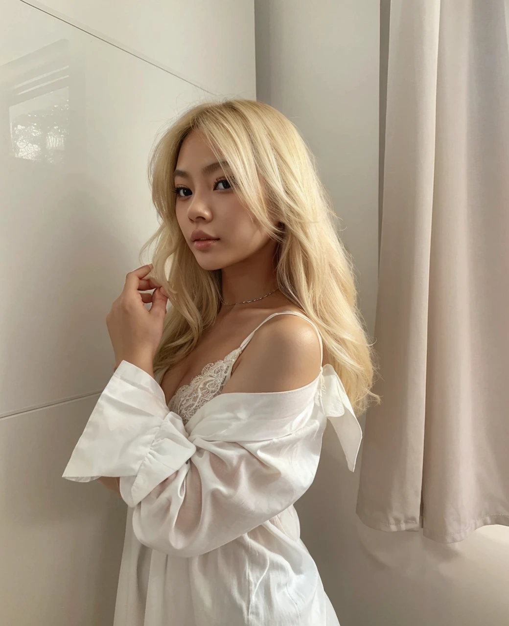 Asian model girl with blonde hair, fair skin and large black expressive and engaging eyes. Her features are delicate, with subtle cheekbones, a small nose and full, rosy lips. Her expression combines sweetness and seduction, resulting in a cute, sexy and beautiful appearance.