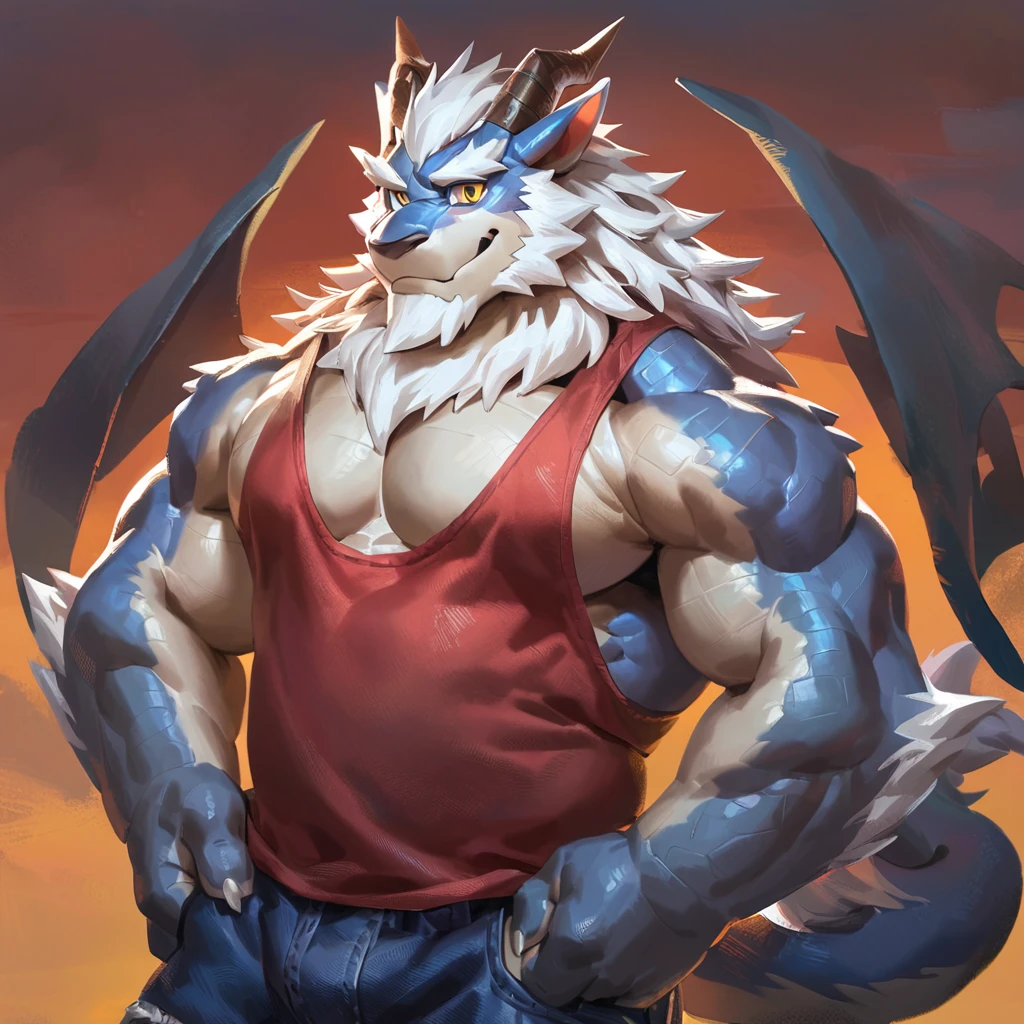 (artist: noku13456, jacketbear, dangpa, null-ghost, lindong, takahirosit),male, sfw, eastern dragon, big chest, simple bg, one fluffy tail, old man, fluffy mane, ,white body, white hair, solo, grey scales, detailed scales, tank top, jeans shorts, dragon horns, yellow iris, big eyes, white beard, fluffy hair, detailed face:2.0, one tail, masterpiece:2.0, perfect eyes:2.0, good anatomy:2.0, twunk