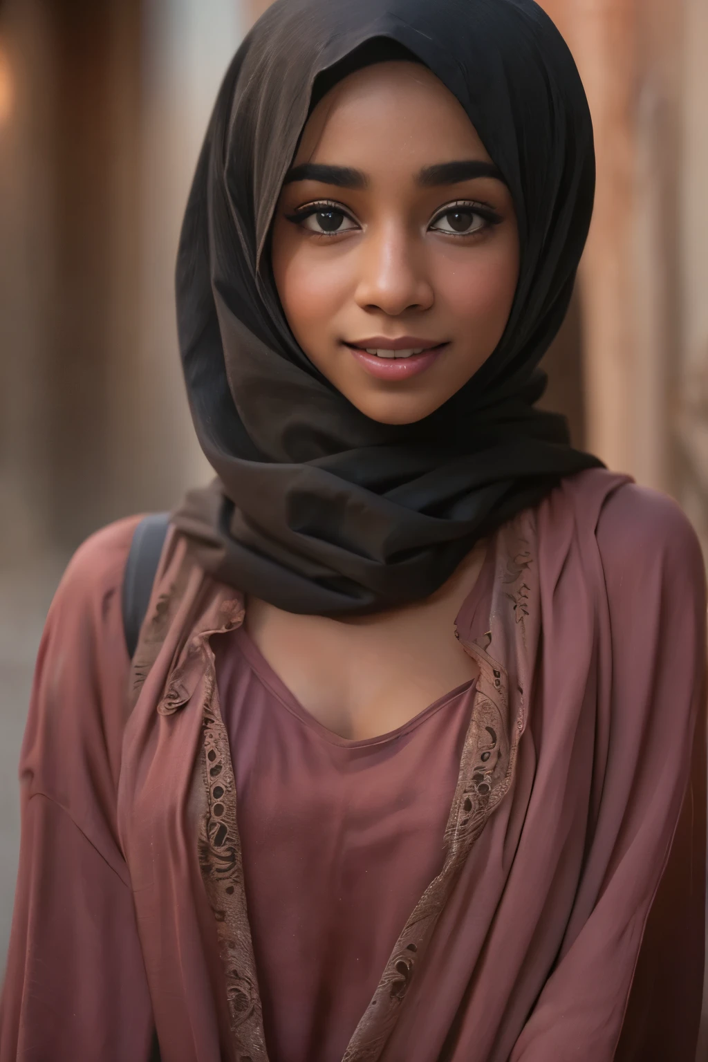 (Cute teen glamour model), gorgeous teen, ebony skinned arab, head and shoulders focus, youthful, young, teen, teenager, (looking at the camera), outdoor lighting, huge breasts, hijab, thin, skinny, dainty, delicate, no bra, dirty brown abaya dress, rags, torn clothes, dirty face