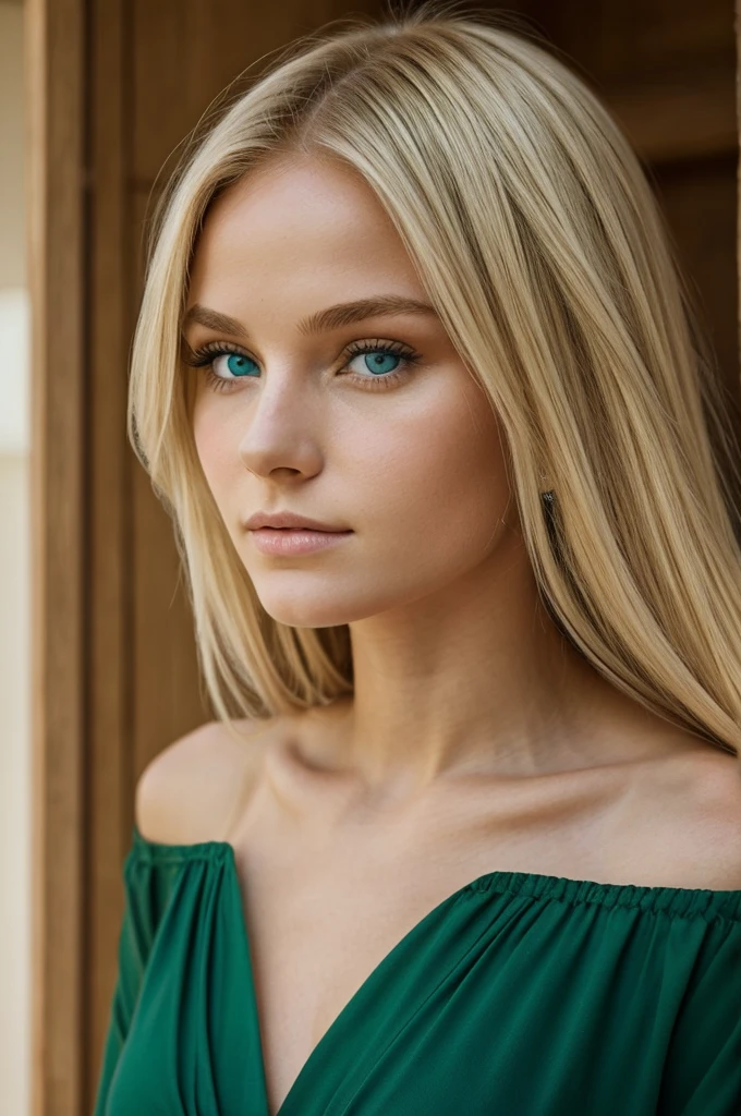Une femme blonde, qui a 19 ans, un regard intense en robe blanche, avec les yeux vert 