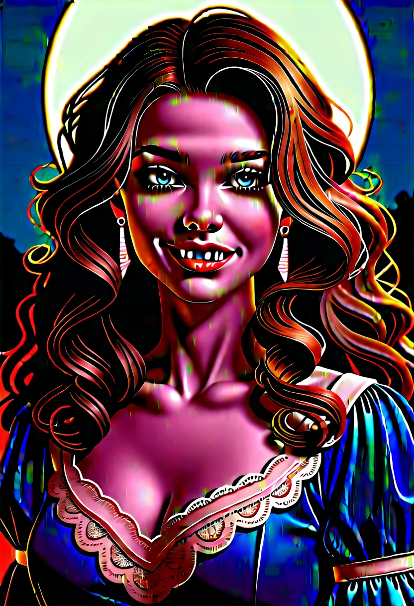 score_9, score_8_up, score_7_up, score_6_up, rating:safe, 1girl, solo, black_hair, wavy_hair, jewelry, dress, blue_eyes, earrings, (long_hair:1.5), looking_at_viewer, curly_hair, upper_body, lips, lace, blue_dress, (night:1.3), cxqz8r, medieval_dress, medieval_landscape, fullmoon, rpg, evil_smile, vampire, (fangs:1.4), narrow_waist, (skinny:1.3)