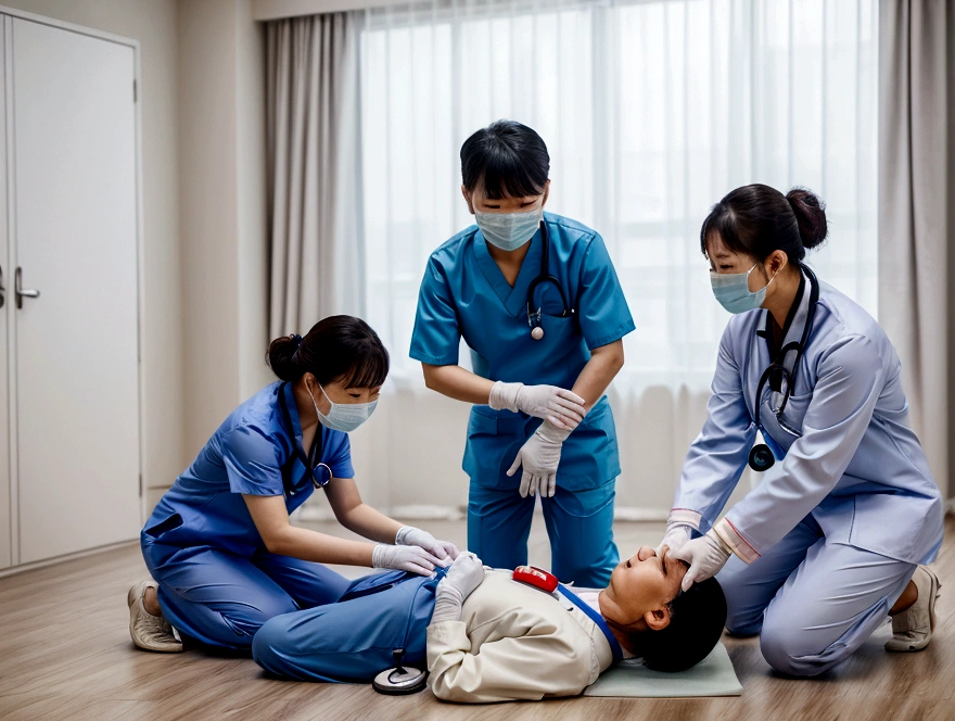 A group of elderly Chinese people doing CPR in empty room, stethoscope, coat/shirt/scrubs, surgical mask, pants, white gloves, photograph ,HDR, 8k resolution,
