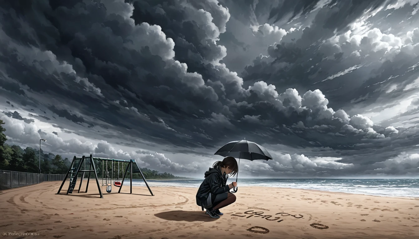 A dark and cloudy day with a sky full of dark clouds. A girl is crouching on the playground, holding an umbrella in one hand and writing i love you in the sand with her other hand.
