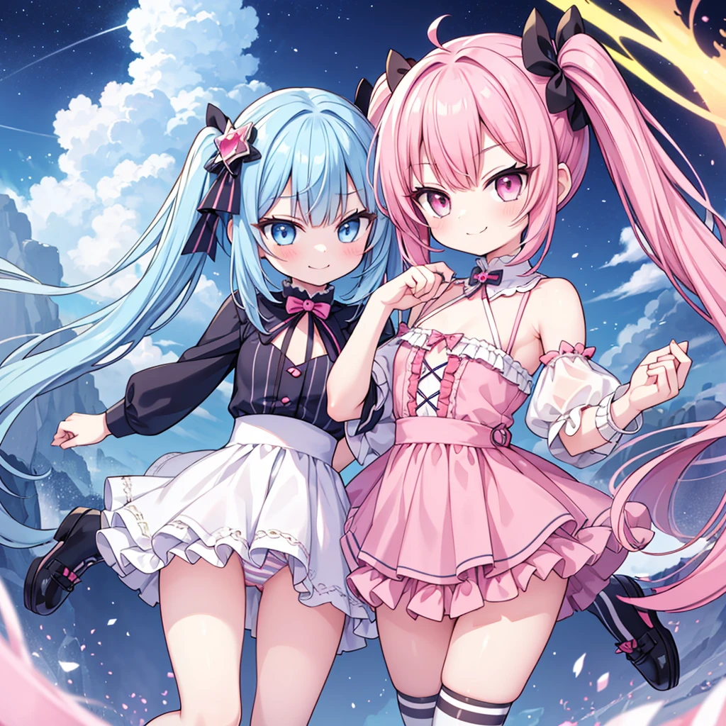 masterpiece, best quality, hyper detailed, 2girl, evil smiling, looking at viewerery,flat chest,blue hair,short twintails,middle hair,sky blue eyes,cute miniskirt,cute striped panty,cute high socks,cute shoes,smirk,pantyshot,
1girl, evil smiling, looking at viewer, 1girl, evil smiling, looking at viewer,flat chest,small breasts,pink hair,twintails,middle hair,pink eyes,with star-shaped eyes,