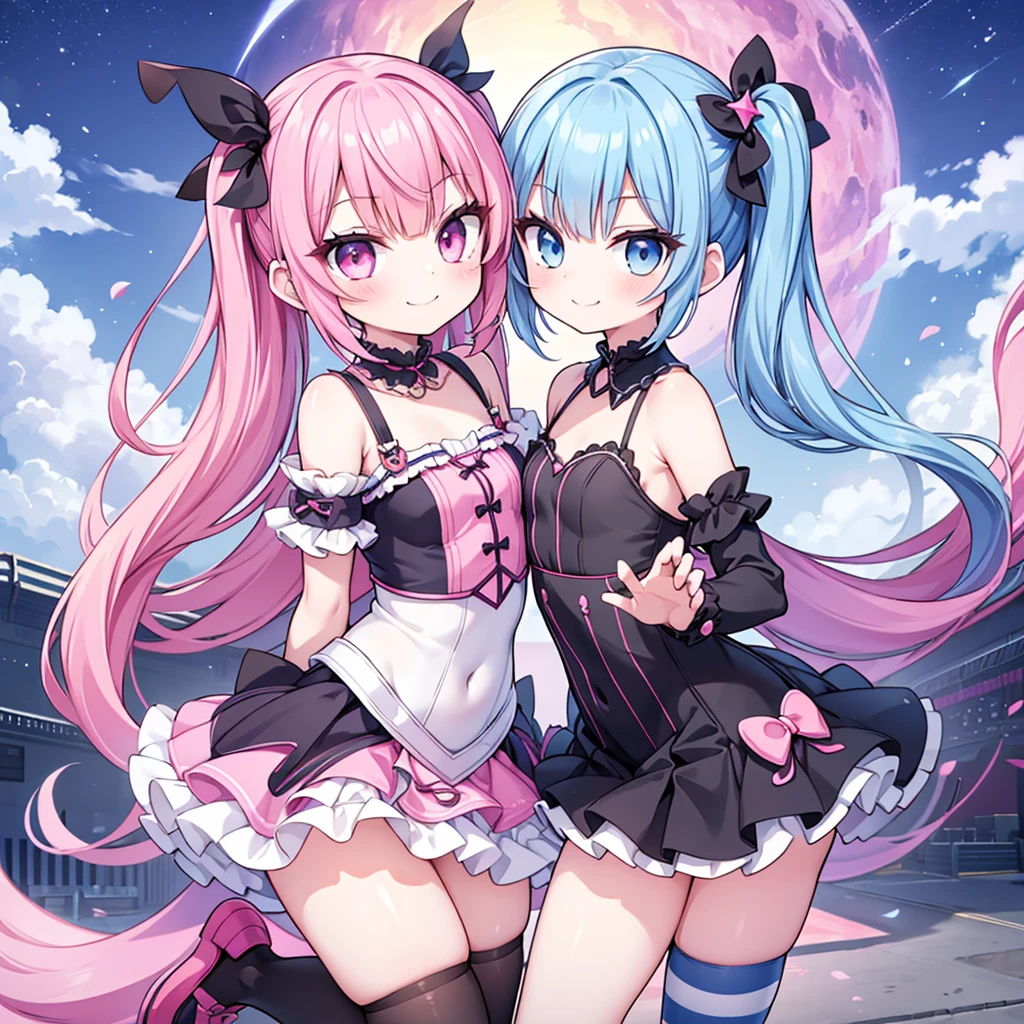 masterpiece, best quality, hyper detailed, 2girl, evil smiling, looking at viewerery,flat chest,blue hair,short twintails,middle hair,sky blue eyes,cute miniskirt,cute striped panty,cute high socks,cute shoes,smirk,pantyshot,

1girl, evil smiling, looking at viewer, 1girl, evil smiling, looking at viewer,flat chest,small breasts,pink hair,twintails,middle hair,pink eyes,with star-shaped eyes,